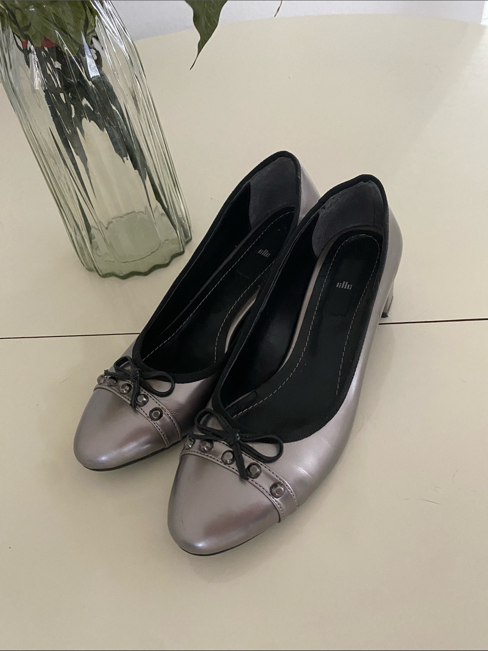 Elle Silver Low Block Heel Pumps with Bow & Stud Trim